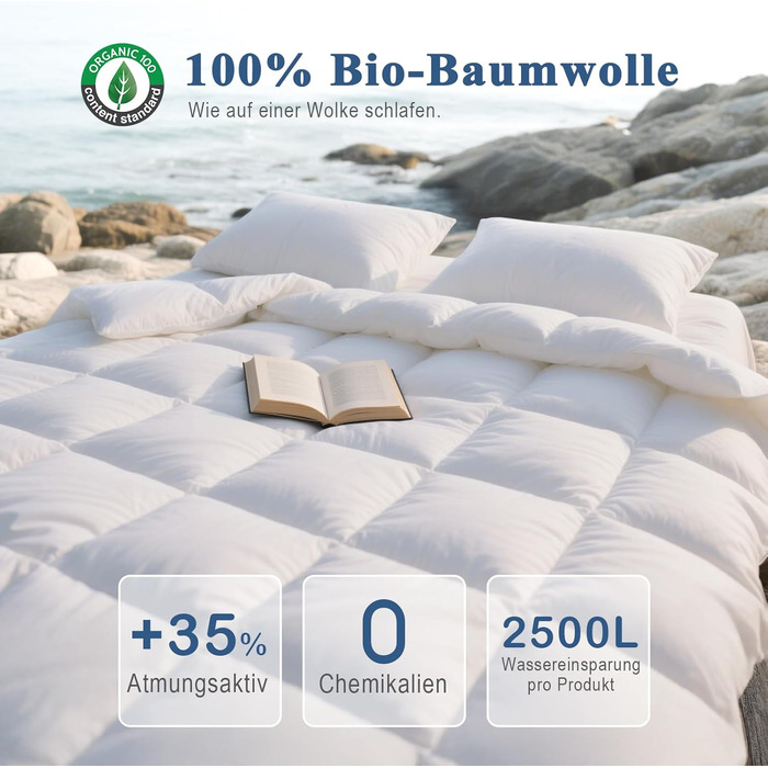 Пухова ковдра APSMILE 200x200 см з натурального пуху та пера, біо-бавовна, для алергіків, сертифікат Ökotex, RDS, середньої теплоти, біла, цілорічна