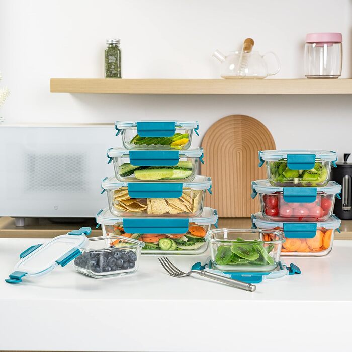 Набір контейнерів для зберігання продуктів Glas, 18 частин (9 контейнерів, 9 кришок), BPA-free, безпечні для миття в посудомийній машині, мікрохвильовій печі та морозильній камері, виготовлені з скла, блакитні