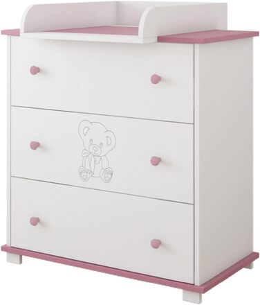 Комод з пеленальним столиком Kiki Design | 80x46 см | 3 висувні ящики | Для дитячої кімнати | Гравірований ведмедик | Рожевий