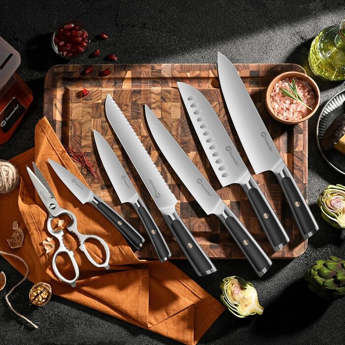Набір ножів Sunnecko 6 шт. з підставкою – кухонний набір ножів, кухонні ножі з ергономічними ручками, гострими лезами, підставка з нержавіючої сталі та акації