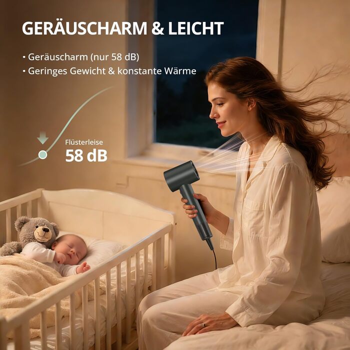 Іонний фен для волосся з безщітковим мотором 180 000 об/хв, компактний дорожній фен з 4 режимами температури та захистом від перегріву, сірий