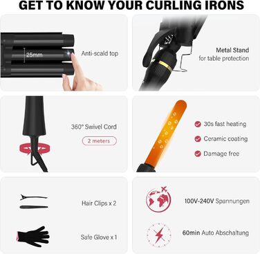 Набір локшини Janelove 5 в 1: керамічний локшик 10-32 мм з різними насадками, регульована температура, рукавички та нейлонова сумка (рожеве золото)