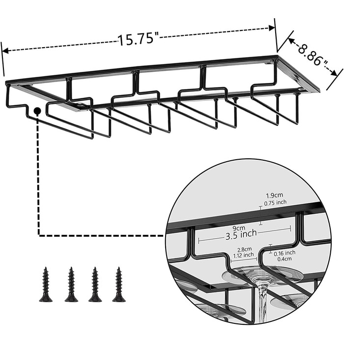 Підставка для келихів FIAMER - металева підставка для винних келихів, настінна полиця для кухні, бару та ресторану (Чорний, 4 ряди, 1 шт.)