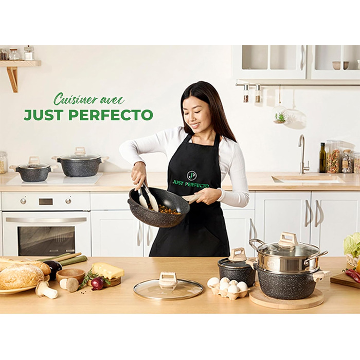 Набір кухонного посуду Just Perfecto 18 предметів з антипригарним покриттям, знімні ручки, для всіх типів плит (індукційні), без PFOA, чорний