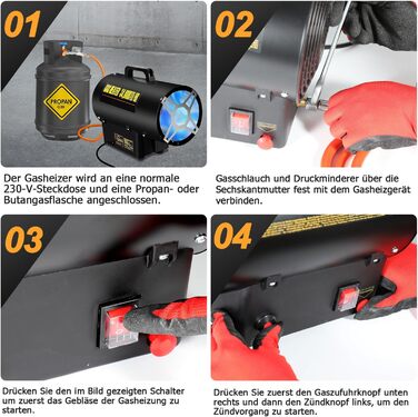 Газовий нагрівач з вентилятором, 15 кВт, з газовим шлангом 1,2 м та редуктором тиску 700 мбар, нержавіюча сталь, Piezo-запалювання, з ручкою