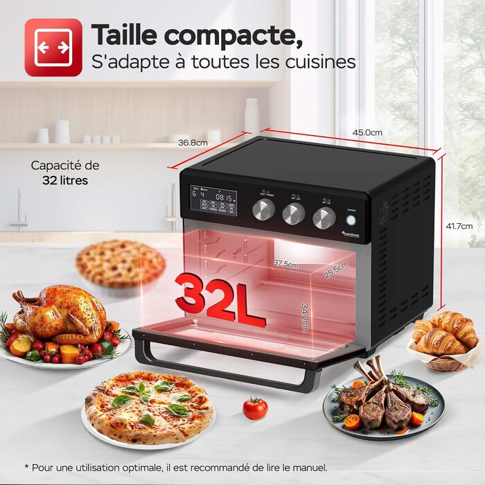 TurboTronic Цифровий Конвекційний Духовий Шовкопряд - XXL 32 літри з поворотним шампуром для курки 5 в 1 Міні-духовка, сушарка та фритюрниця Airfryer від 25°C (Чорний)