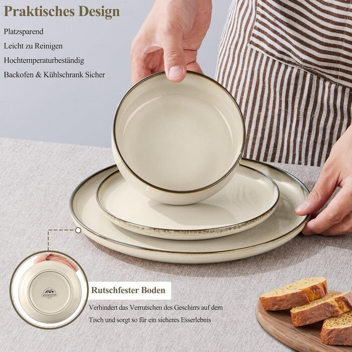 Набір посуду Joyfair на 6 осіб, 18 предметів, кераміка, рифлений хакі. Тарілки обідні, десертні, миски для сніданку. Підходить для мікрохвильовки та посудомийної машини