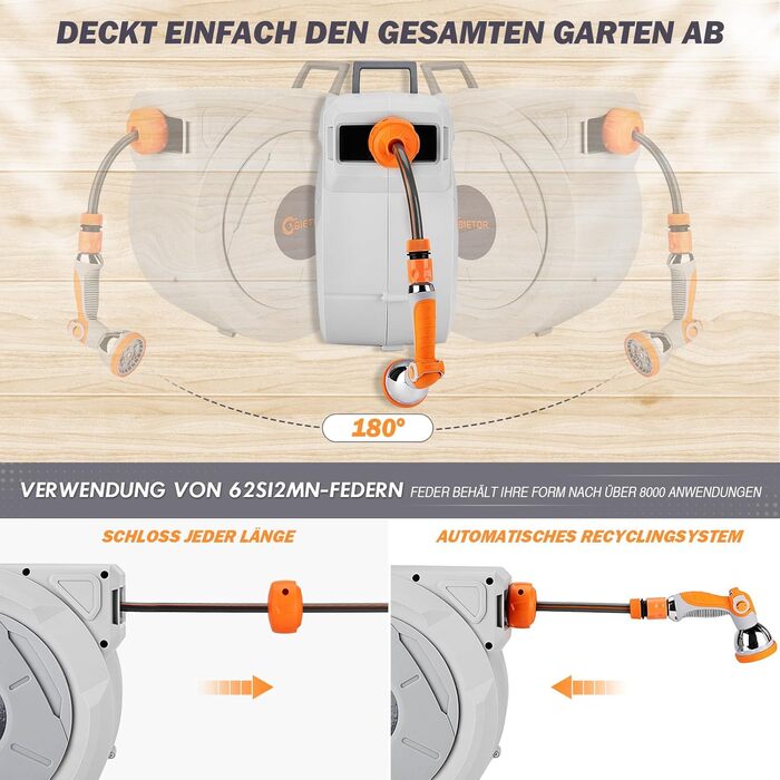 Висувна касета для садового шлангу на стіну, 2м шлангу + пістолет для поливу, повільне автоматичне змотування, фіксація шлангу на будь-якій довжині, поворотна кріплення 180°, максимальна довжина шлангу 30м