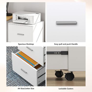 Шафа для документів SDHYL на 2 шухляди, мобільна, для A4/листів/legal документів, 46.2x40x67.5cm (Біла)