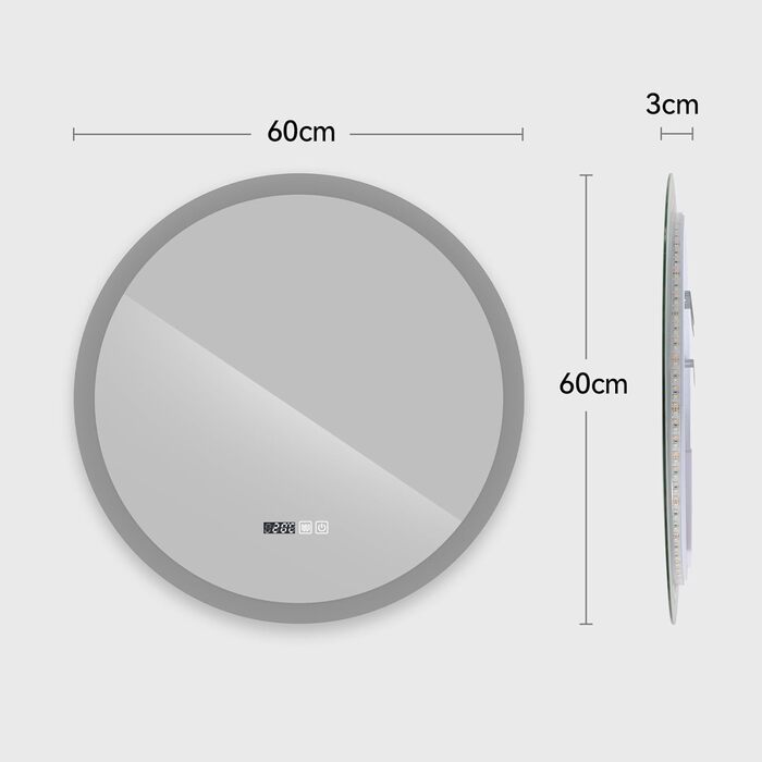 Дзеркало для ванної кімнати YOURLITE з підсвічуванням, діаметр 60 см, LED, 3 кольори, диммування, сенсорне управління, антизапар, пам'ять, IP44, білий