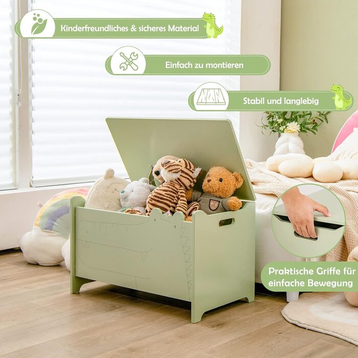 Дерев'яна іграшкова скриня DREAMADE, 60x33x37,5 см, стільчик для дитини, ящик для іграшок з кришкою, дитяча скриня, органайзер для дитячої кімнати (зелений)