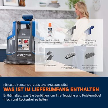 Портативний відпарювач Vax SpotWash Duo для чищення килимів та м'яких меблів з насадкою для тварин, аксесуари для щоденного прибирання, насадки для різних поверхонь та розчин Spotwash Duo EU