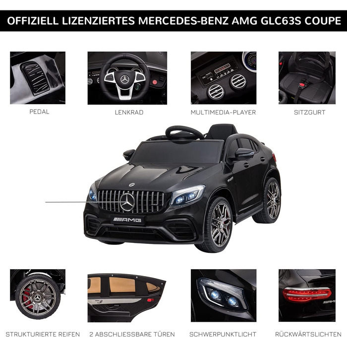 Дитячий електромобіль Mercedes-Benz AMG GLC63S Coupe 12V з пультом, ременем безпеки, 2x35Вт моторами, ліцензія, чорний