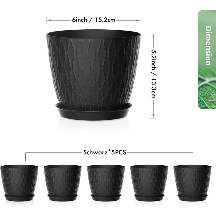 Набір горщиків для квітів з системою поливу (5 шт.), 17.8 см, з підставкою, для дому та балкону (чорний)