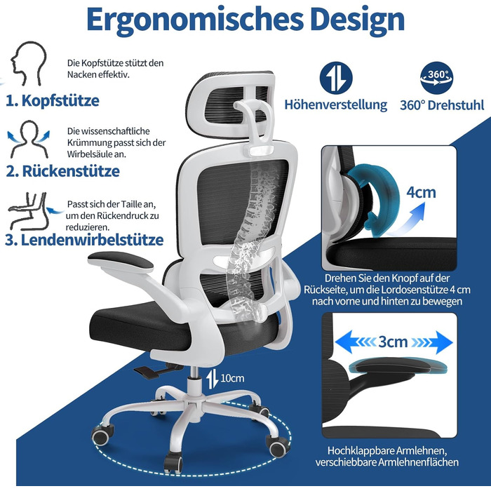 Ергономічне крісло TRALT для офісу з регульованою поперековою підтримкою та підголівником. Ігрове крісло, офісне крісло, крісло для дому, крісло для великих людей, 150 кг, біло-чорне