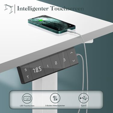 Регульований стіл JUMMICO з USB-роз'ємом та кабельною масою, електричний, з плавним регулюванням висоти, на коліщатках (білий)