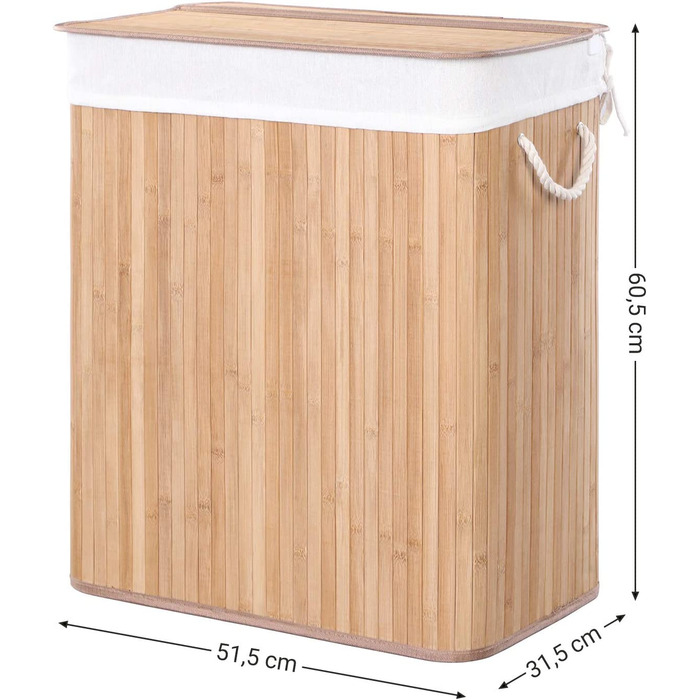 Кошик для білизни SONGMIC об'ємом 100 л, бамбукова кошик для білизни, Ящик для білизни з ручками, кришка з зажимами, складна, знімна сумка для білизни, LCB071W01 (натурального кольору)