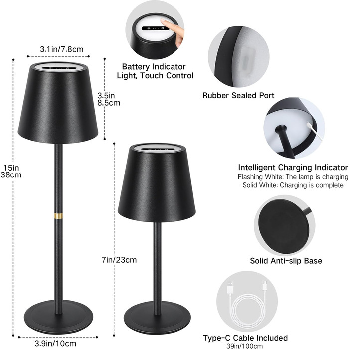 LED-лампа настільна OUTON 2 шт. бездротова з LED-індикатором, сенсорне керування, 3 колірні температури, USB-C зарядка, IP54 водостійкість, 30 годин роботи – для дому та на подарунок, чорний