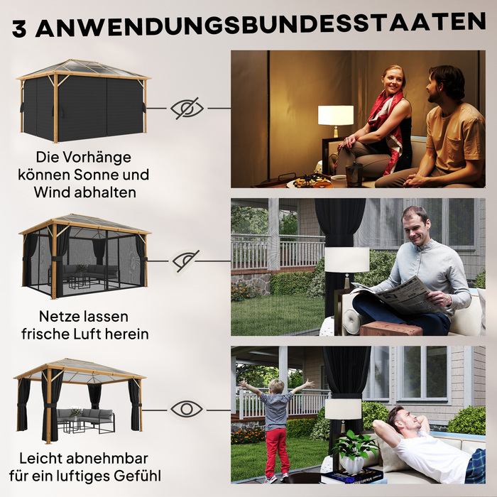 Газонний павільйон приблизно 4x3 м з алюмінієвим каркасом та полікарбонатним дахом 6 мм, з москітною сіткою, 4 боковими панелями з імітацією натурального дерева.