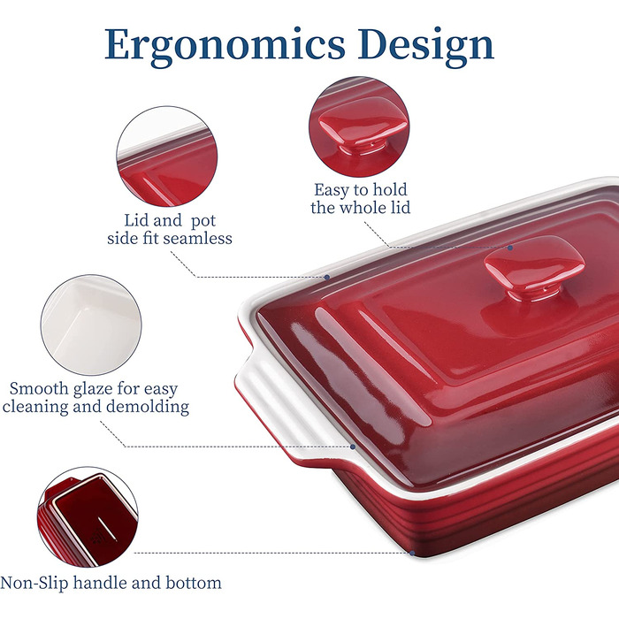 Порцелянова форма для випічки, форма для духовки ЛАВКАСА, прямокутна форма для випічки з 3 предметів із закругленими кутами, форма для пирога з заварним кремом, форми для випічки, листи для лазаньї з ручками (червоні, форма для випічки, 1 серія, 4000 мл)