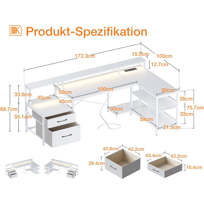 Письмовий стіл ODK L-подібний з розетками, USB, LED, ящик для файлів, полиці, 172,5100 см, білий