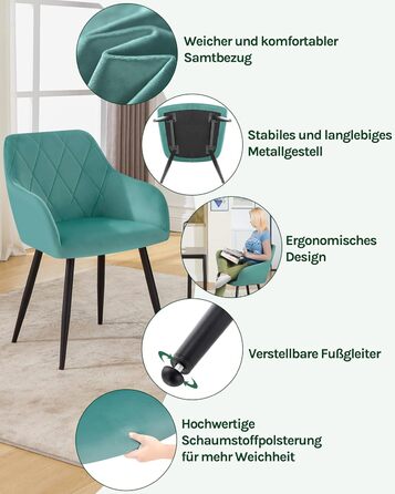Набір обідніх стільців Woltu з підлокітниками та спинкою, для вітальні, кухні, їдальні. М'які стільці з оксамитовим покриттям, металеві ніжки, (Турквіс, 8 шт.)