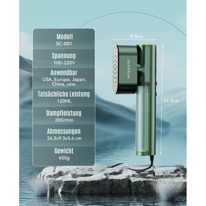 Jack & Rose Дампфглеттер: портативний праска-парогенератор для подорожей, 1000W, 110-240V, 2-в-1, зелений