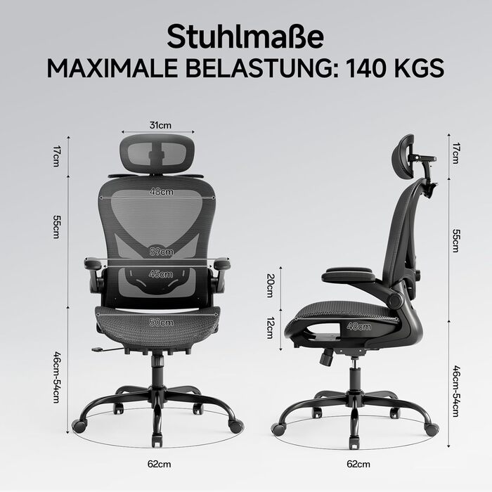 Офісне крісло LarkLeaves з ергономічною підтримкою спини, регульованими підлокітниками, сітчастою спинкою та підголівником, для офісу, навчання, бібліотеки, 140 кг, (Чорний, Lite)