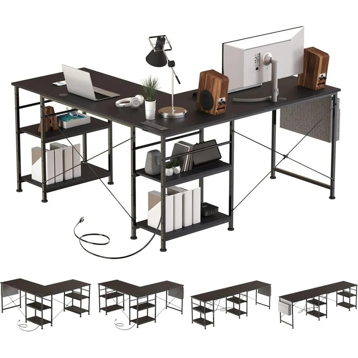 Ігровий кутовий стіл L-подібної форми з LED-підсвічуванням та розетками, 140x140 см, реверсивний комп'ютерний стіл з підставкою для монітора, 4 полиці та бічні кишені для дому та офісу (Чорний, 140x140x74 см)