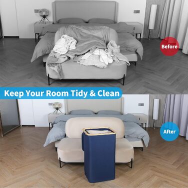 Кошик для білизни з кришкою Efluky, 100 л, блакитний, XL, з бамбуковими ручками та внутрішніми кишенями для сортування