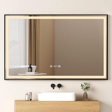 Дзеркало для ванної кімнати EMKE з підсвіткою 70x50 см, чорне, сенсорне, регульоване, з протитуманним покриттям, годинником, функцією пам'яті та нейтральним світлом 4300K, енергозберігаюче, IP44