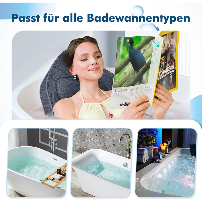 Подушка для ванни Luxus Dicke: повний корпус, підтримка голови, шиї та плечей. Комфорт, розслаблення, аксесуари для спа. Ідеально для ванни (Сірий)