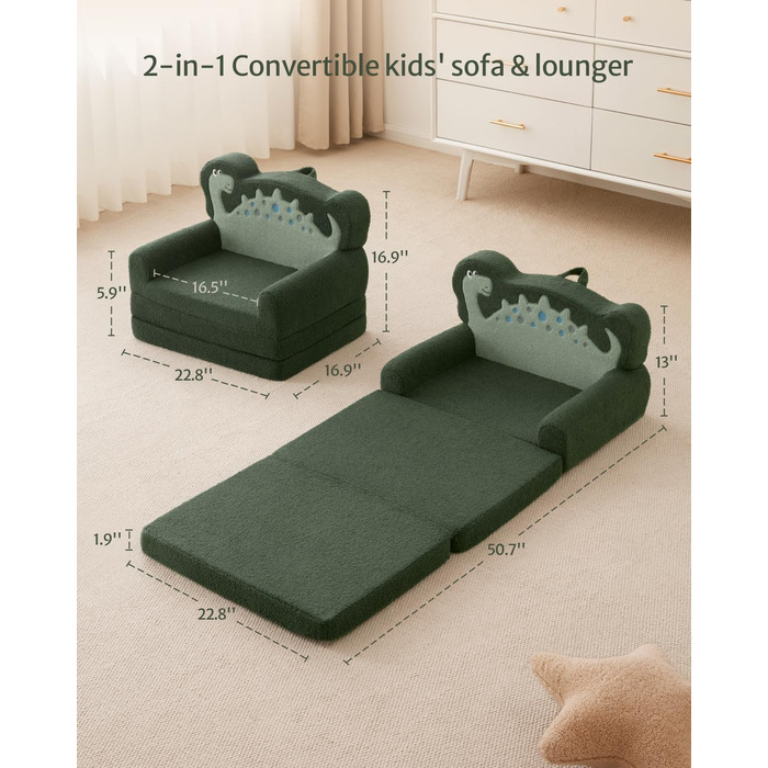 Дитяча крісло-диван Blissful Diary Kindercouch 2-в-1 з динозаврами, зручне, темно-зелене