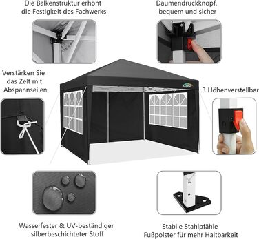Альтанка COBIZI 3x3 Водонепроникний намет з балдахіном з 4 бічними панелями Відкритий намет з балдахіном Стабільний захист від ультрафіолету 50 висувних садових альтанок для вулиці, саду, вечірки, весілля, ринку (3x3m чорний) Чорний 3x3м