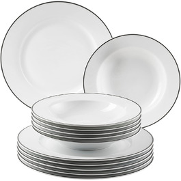 Столовий сервіз 6P modern, на 6 осіб, сучасний, білий з чорним краєм, набір тарілок із 12 предметів, обідні та супові тарілки, круглий набір посуду, столовий посуд, столовий посуд, порцеляна