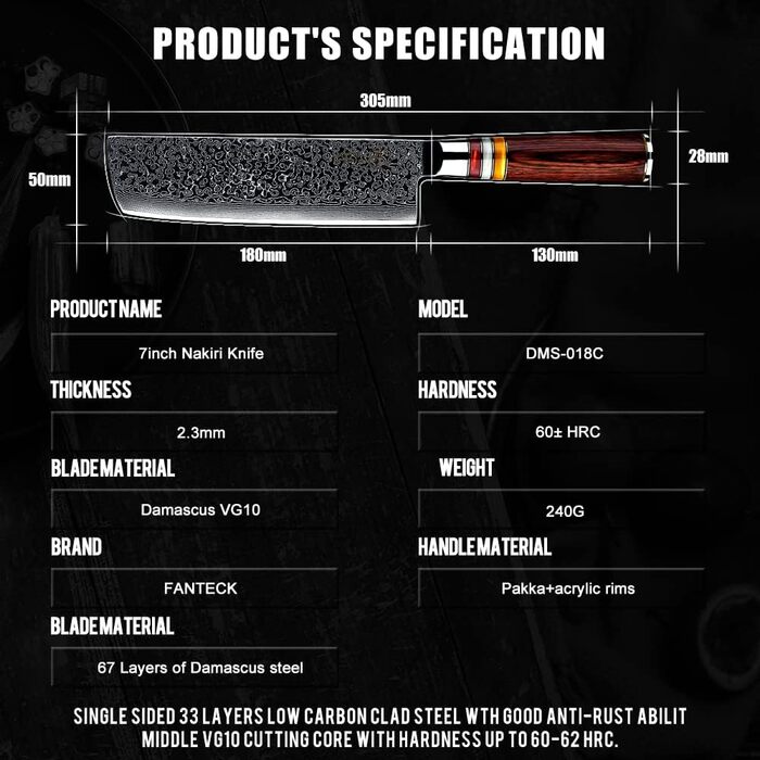 Японський ніж Gyuto FANTECK з дамаської сталі 20 см (67 шарів VG-10) - професійний кухонний ніж з дерев'яною ручкою Pakkawood, подарункова коробка