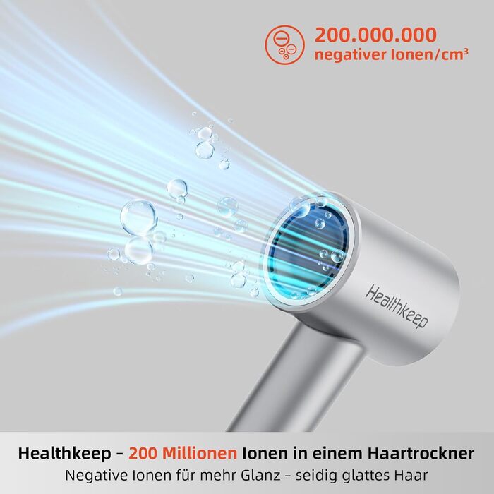 Фен для волосся Healthkeep з негативними іонами, 1600 Вт, високошвидкісний мотор 10 000 об/хв, 2 дифузори, низький рівень шуму (<78 дБ), швидке сушіння