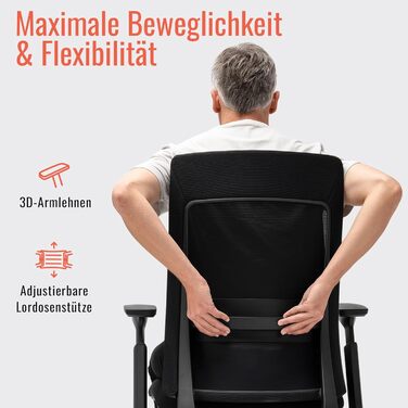 Крісло Yaasa Ergonomic – ергономічне офісне крісло з підтримкою попереку та регульованими підлокітниками – поворотне крісло з регулюванням опору спинки – для дому та офісу – 120 кг (Чорний, Essential)