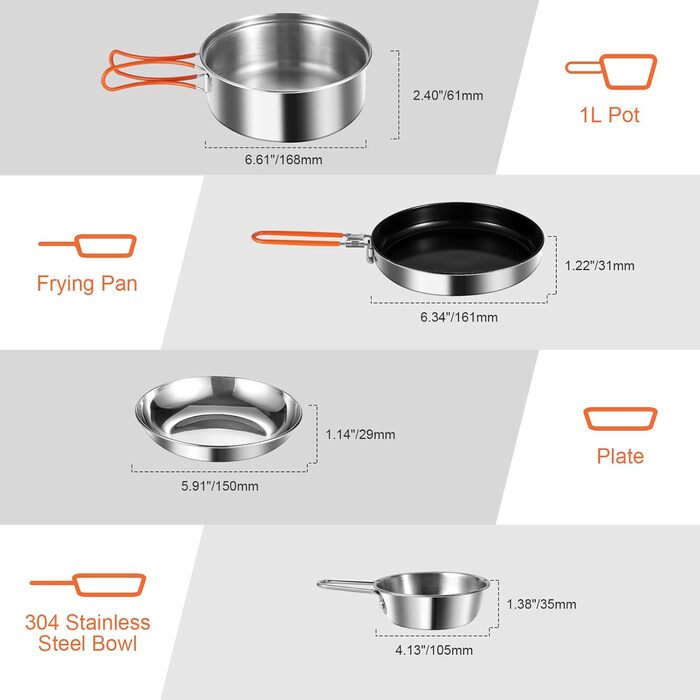 Набір кухонного посуду для кемпінгу Odoland 10 предметів: каструля, сковорода з антипригарним покриттям, тарілки, миски, виделки, ножі, ложки. Ідеально для кемпінгу, пікніків, походів та трекінгу. Виготовлений з нержавіючої сталі з захисною шкіряною обкла