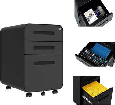 Роликовий контейнер DeHong з металу, мобільний офісний шафчик з 3 висувними ящиками, офісний контейнер, з можливістю замка та регульованих папок, збірно-розбірний, для офісу, дому, чорний