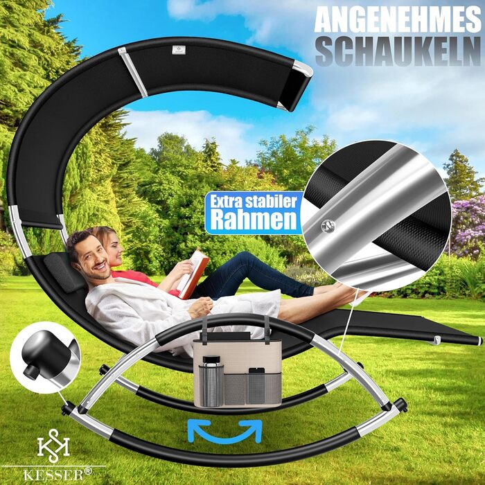 Кесер® Подвійна шезлонг для відпочинку з сонцезахисним дахом, подушкою для голови та кишенею для 2 осіб, чорний