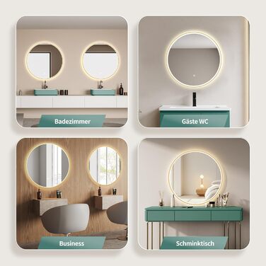 Дзеркало для ванної кімнати HOKO Design Riga, кругле, 60 см, з металевим каркасом Gold. LED-підсвічування, сенсорне керування, зміна кольору світла (тепле, холодне, нейтральне). 60 x 60 см