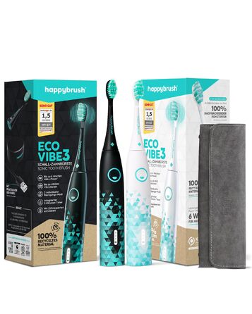 Електрична зубна щітка happybrush Eco VIBE 3 подвійна (чорна/м'ятна та біла/м'ятна) з кейсом для подорожей | 6 тижнів роботи від акумулятора