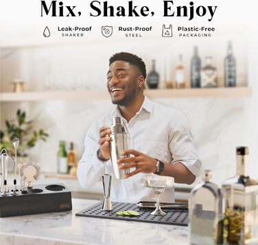 Набір для бармена Pro Mixology: 14 предметів, шейкер Cobbler 24oz, бамбуковий підставка, рецепти коктейлів. Подарунок для дому