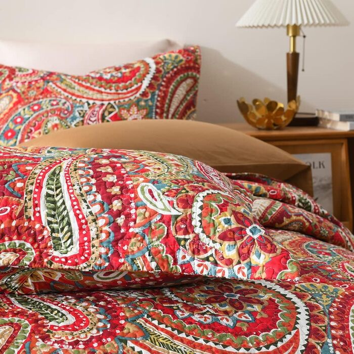 Покривало ENASAL 220x240см, покривало 230x250, Red Paisley, всесезонна ковдра з 2 наволочками