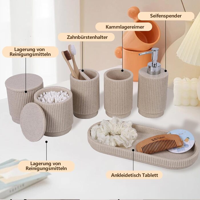 Набір для ванної кімнати 6 предметів: дозатор для мила, стаканчик для зубної щітки з підносом та коробочка для ватних паличок – смугастий дизайн, високоякісна смола (бежевий)