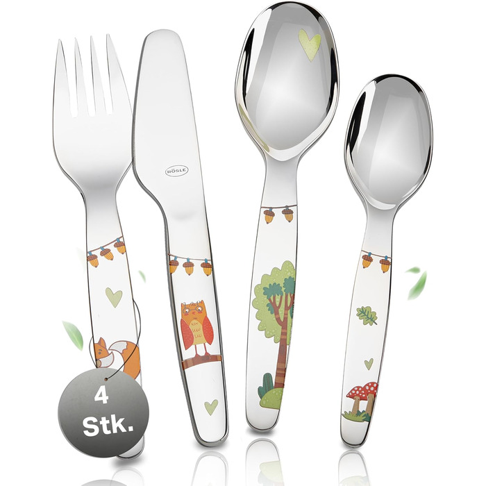 Дитячий набір столових приборів RÖSLE 'Waldfreunde' (4 шт.) з нержавіючої сталі 18/10, для дітей від 3 років, придатний для миття в посудомийній машині, чудовий подарунок на хрещення для хлопчиків та дівчаток