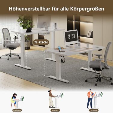 Регульований стіл, 160x80 см, електричний стоячий стіл з подвійним мотором, сенсорна панель, USB-A, кабель-менеджмент, стільниця 25 мм, ергономічний офісний стіл, білий