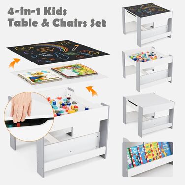 Дитячий стіл LIFEZEAL 3 в 1 з 2 стільцями: стіл для малювання, активностей та обідній стіл. Дитяча меблева група з дерева з місцем для зберігання (сірий)