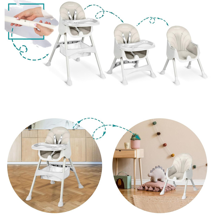 Дитячий стільчик для годування Ricokids 3в1 Beige - регульована висота, з підносом, корзина, для дітей від 6 місяців